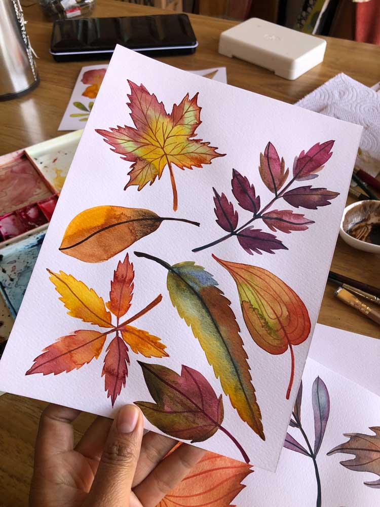 pintar hojas de otoño con acuarelas